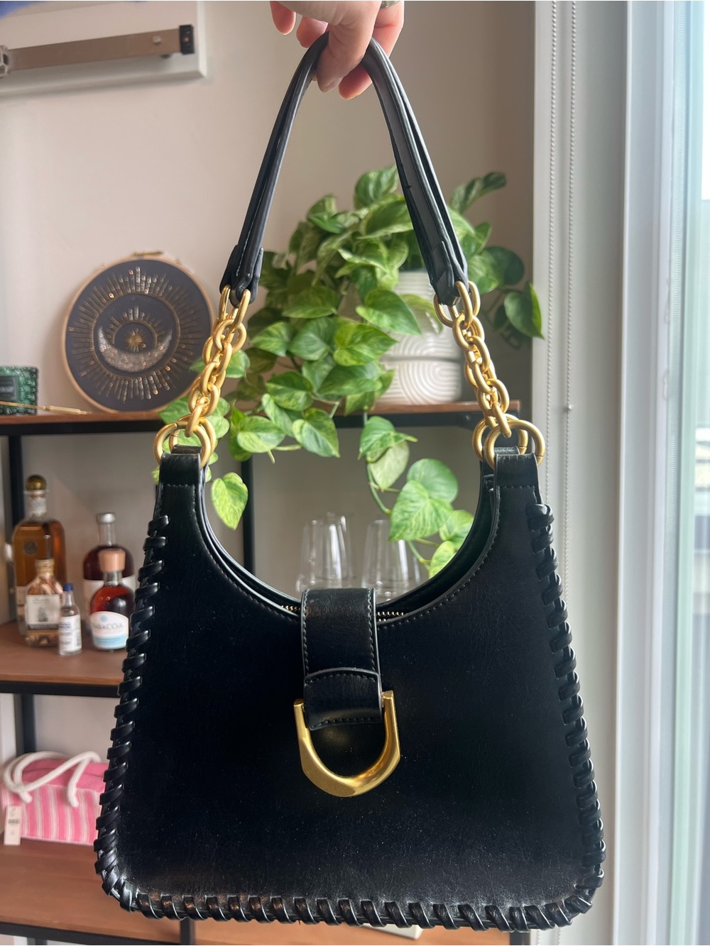 Antik Kraft Black Shoulder Bag with Gold Hardware
